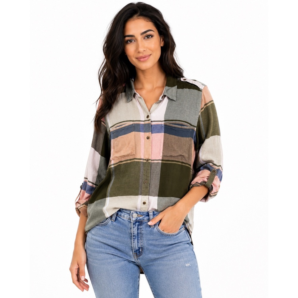 Lucky Brand Plaid Roll Tab Sleeve Flannel Button‎ Down Shirt M Coastal Grandma
